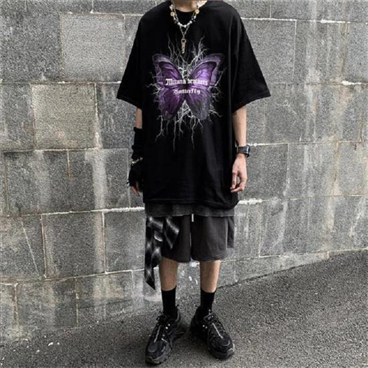 Gothic Harajuku Butterfly Siyah Oversize Unisex T-Shirt