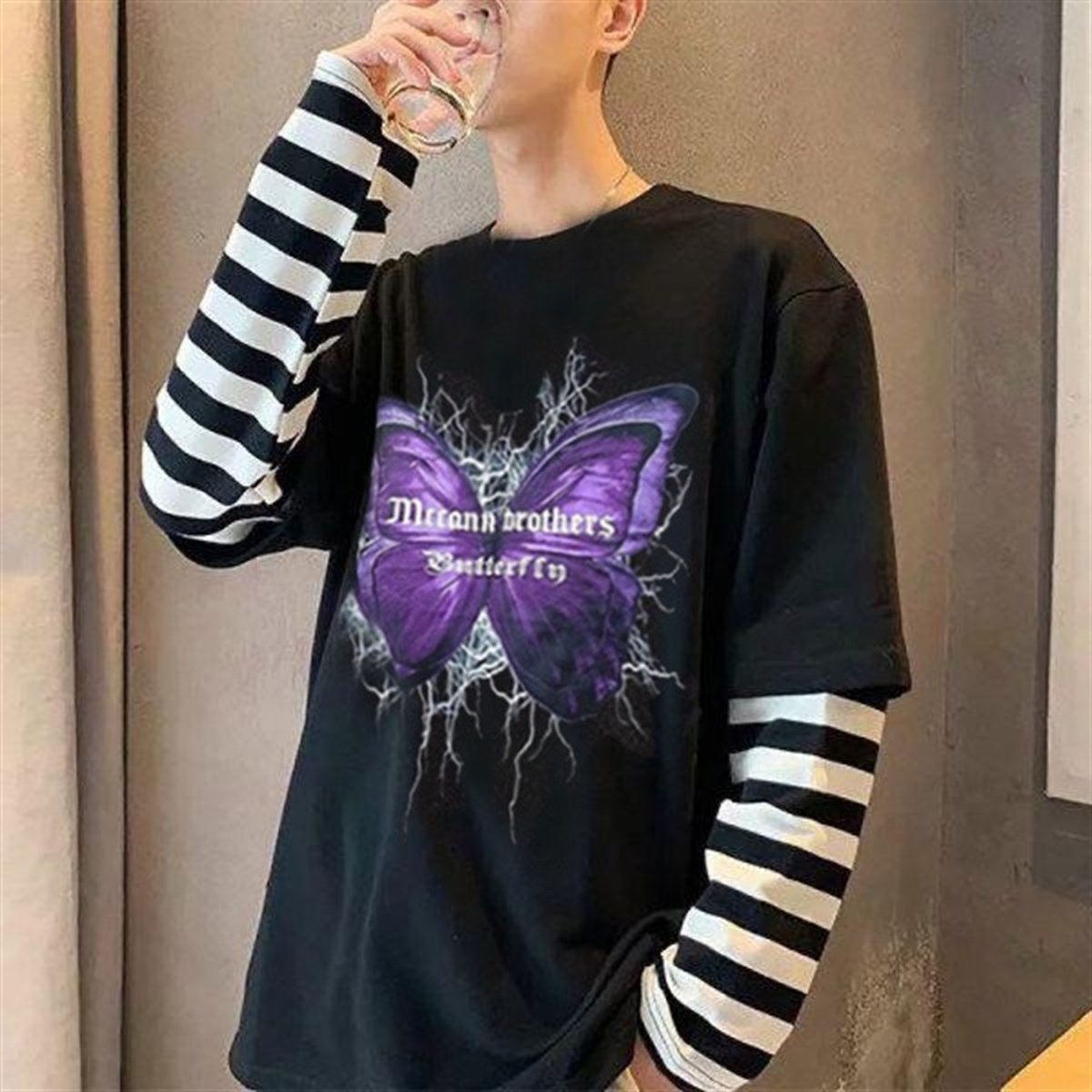 Gothic Harajuku Butterfly Siyah Oversize Unisex Uzun Kollu T-Shirt