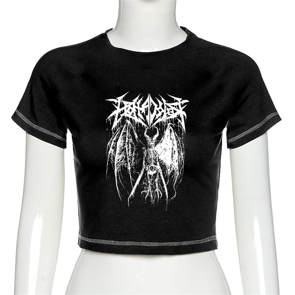 Gothic Harajuku Fashion Winged Skeleton Yarım Kadın T-shirt