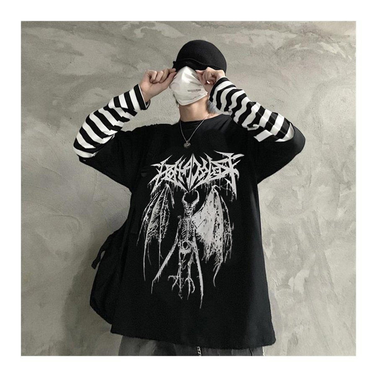 Gothic Harajuku Fashion Winged Skeleton Oversize Unisex Uzun Kollu  T-shirt