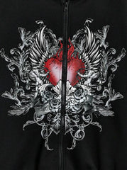 Gothic Heart Baskılı Oversize Fermuarlı Siyah Unisex Kapüşonlu Hırka