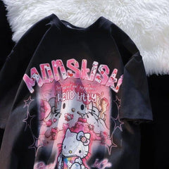 Gothic Hello Kitty Baskılı Oversize T-shirt