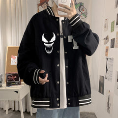 Gothic Punisher Baskılı Unisex Oversize Siyah Kolej Ceket