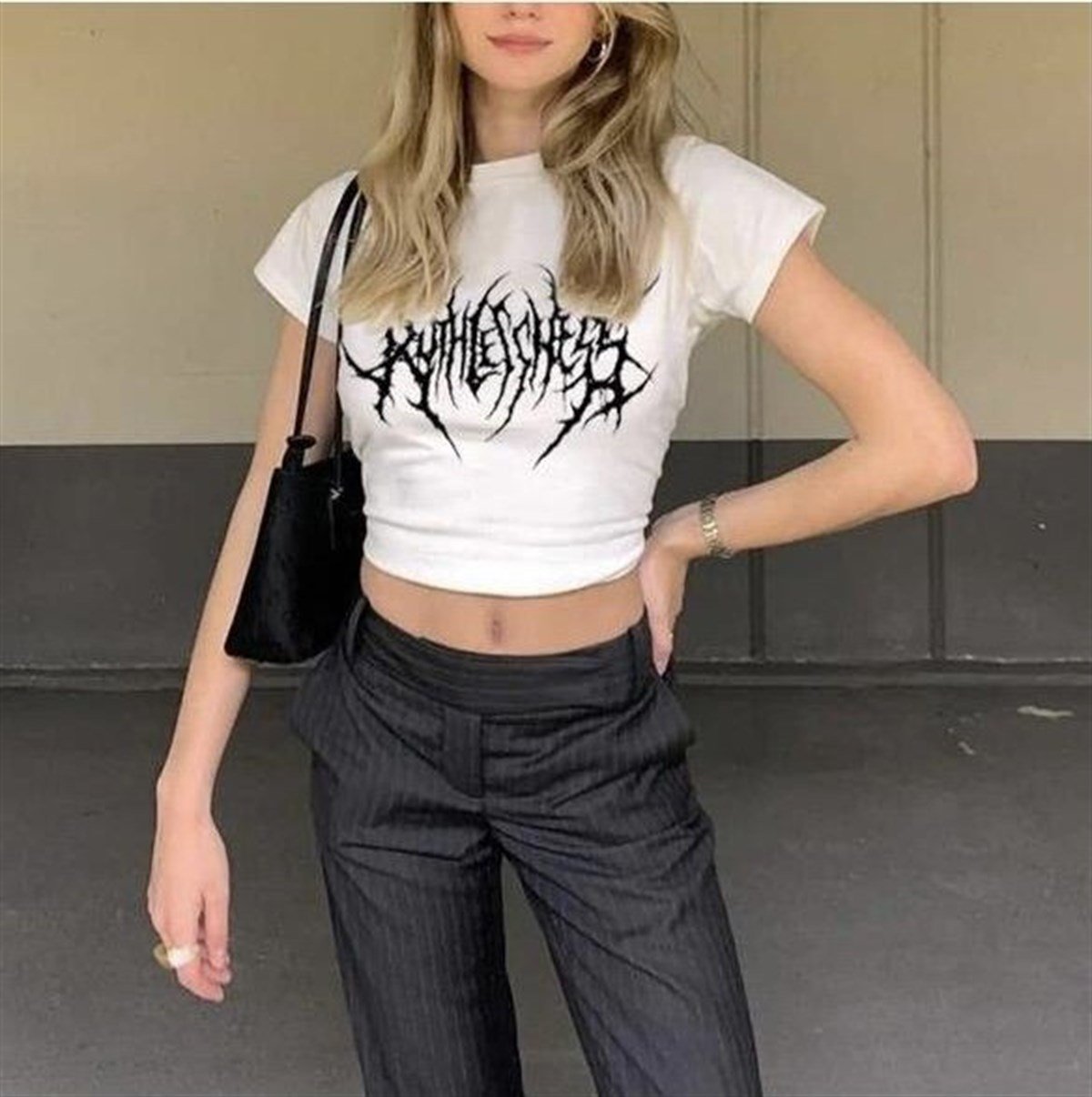 indirim Gothic Punk Beyaz Yarım Kadın T-shirt