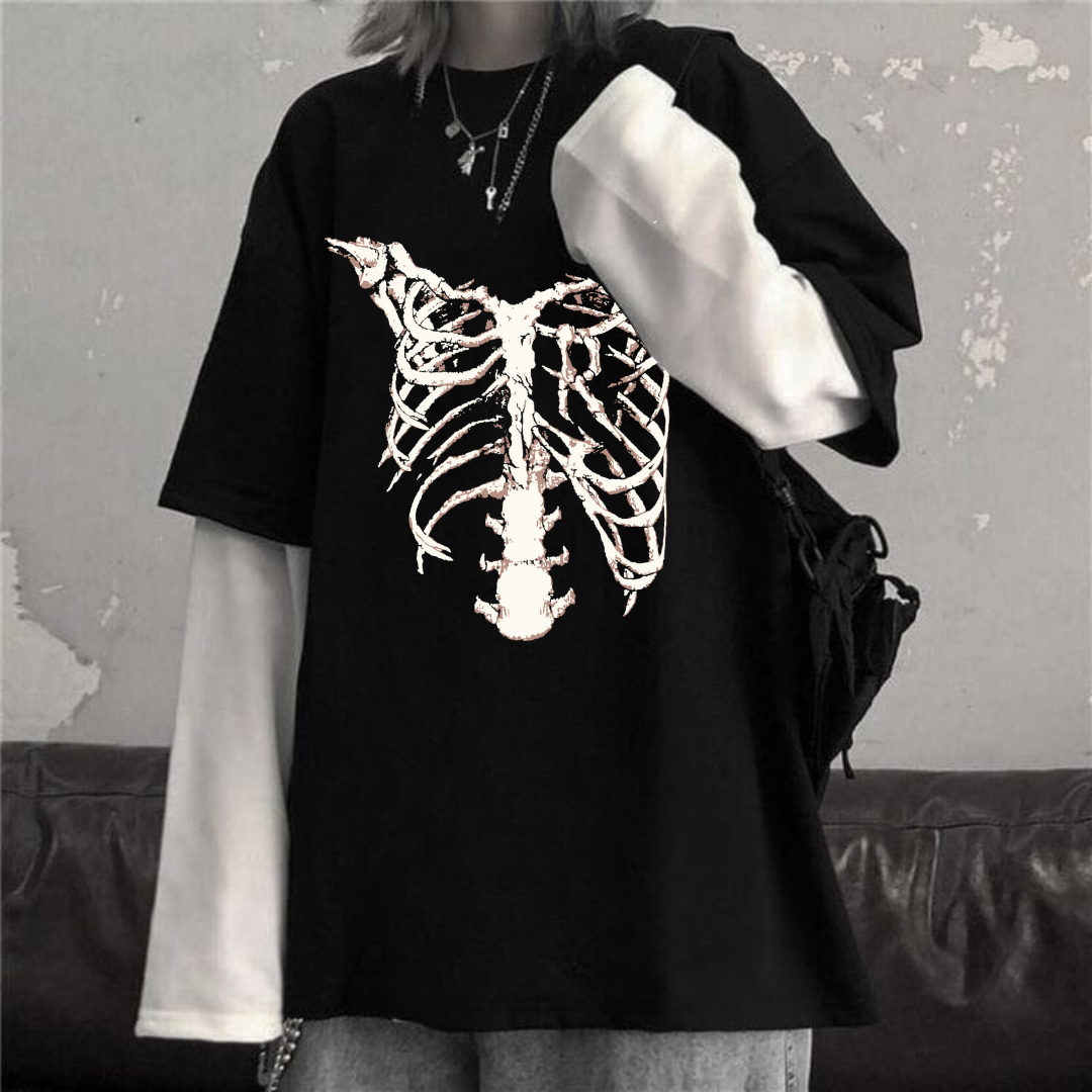 Gothic Rib Unisex Oversize Fake Kollu Beyaz T-Shirt