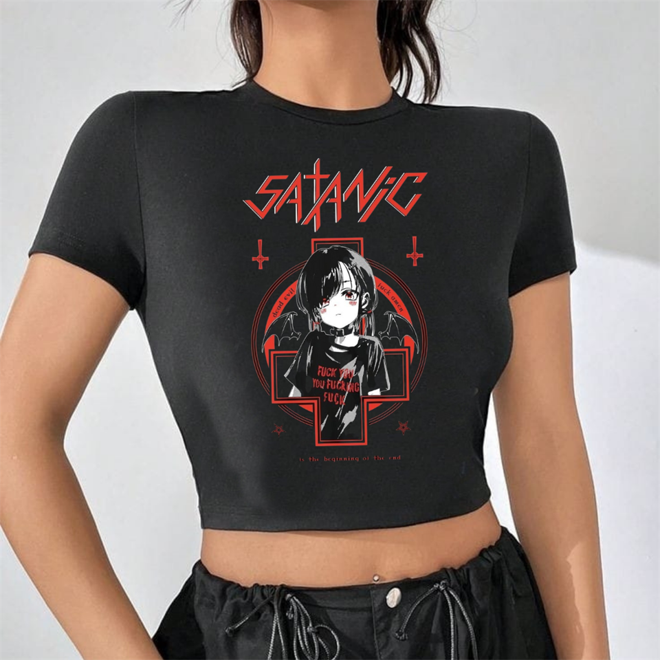 Gothic Satanic Girl Baskılı Siyah Crop