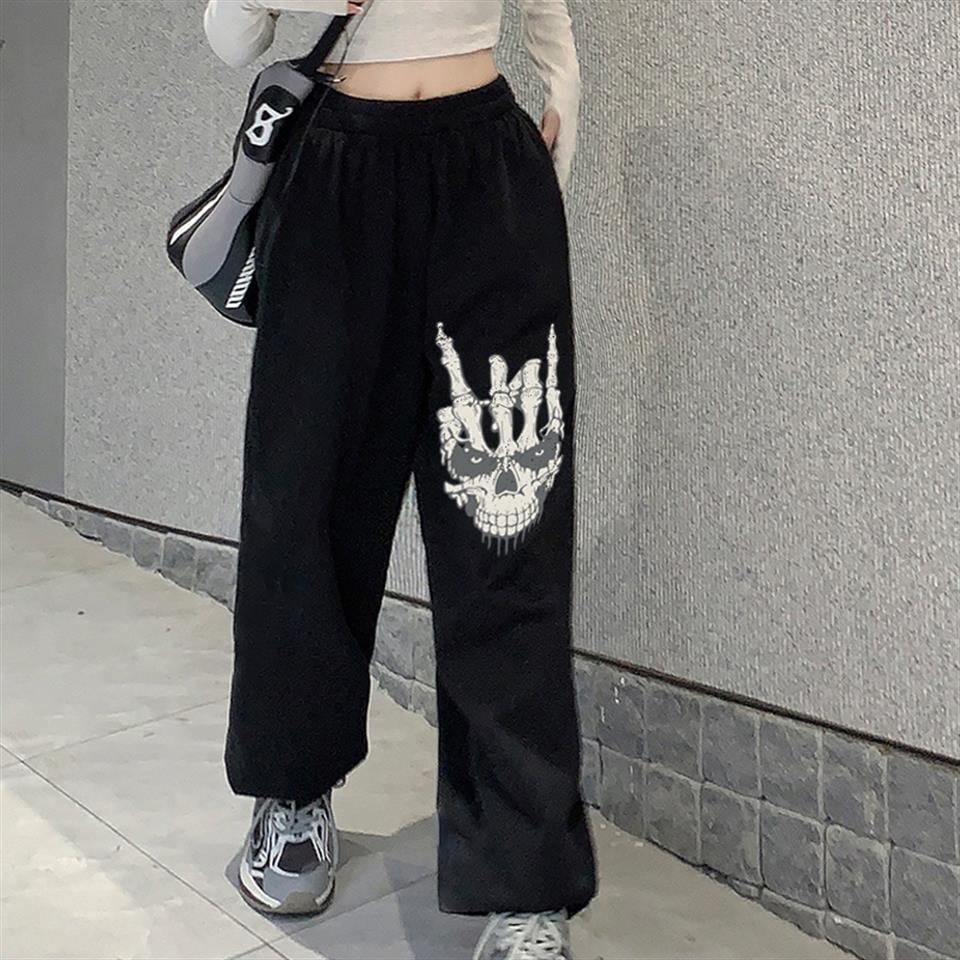 Gothic Skull Hand Baskılı Oversize Unisex Siyah Eşofman Altı