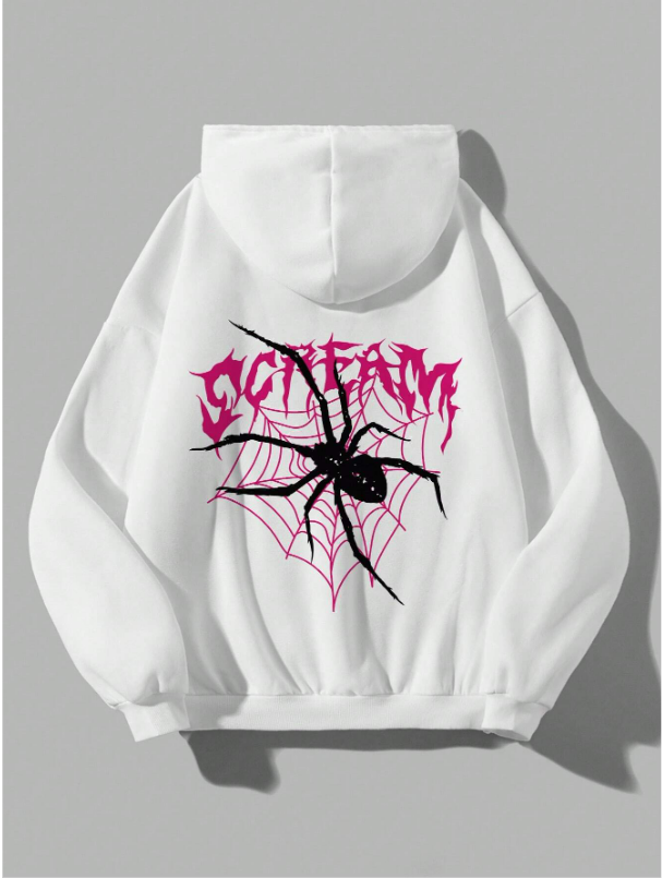 Gothic Spider Web Scream Oversize Unisex Beyaz Kapşonlu Hoodie Sweatshirt