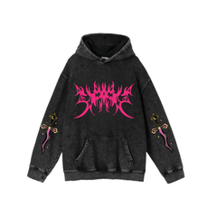 Yıkamalı Kumaş Gothic Pink Grafiti Kapüşonlu Hoodie Sweatshirt