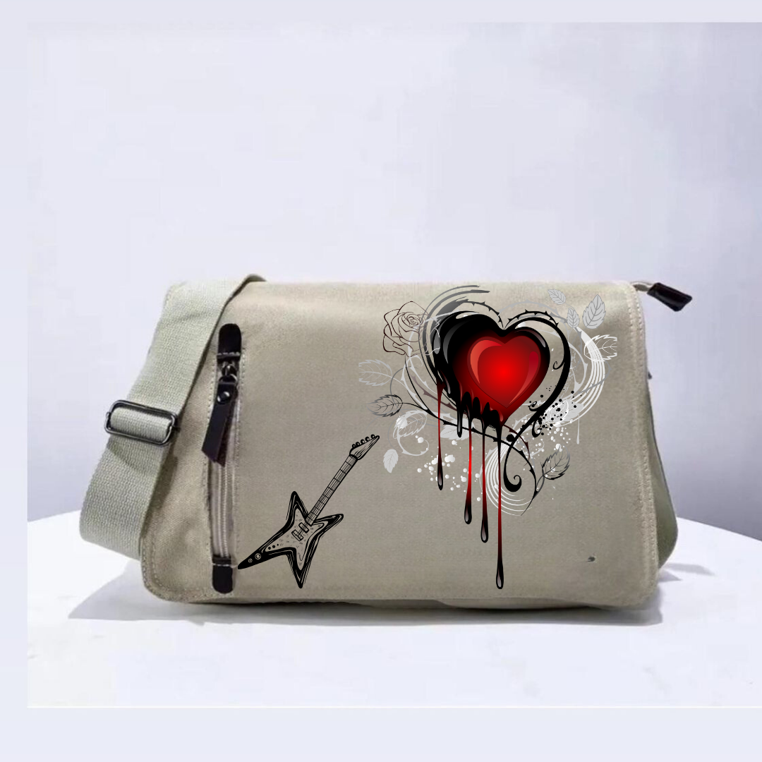 Rock Heart Baskılı Unisex Bej Postacı Çantası