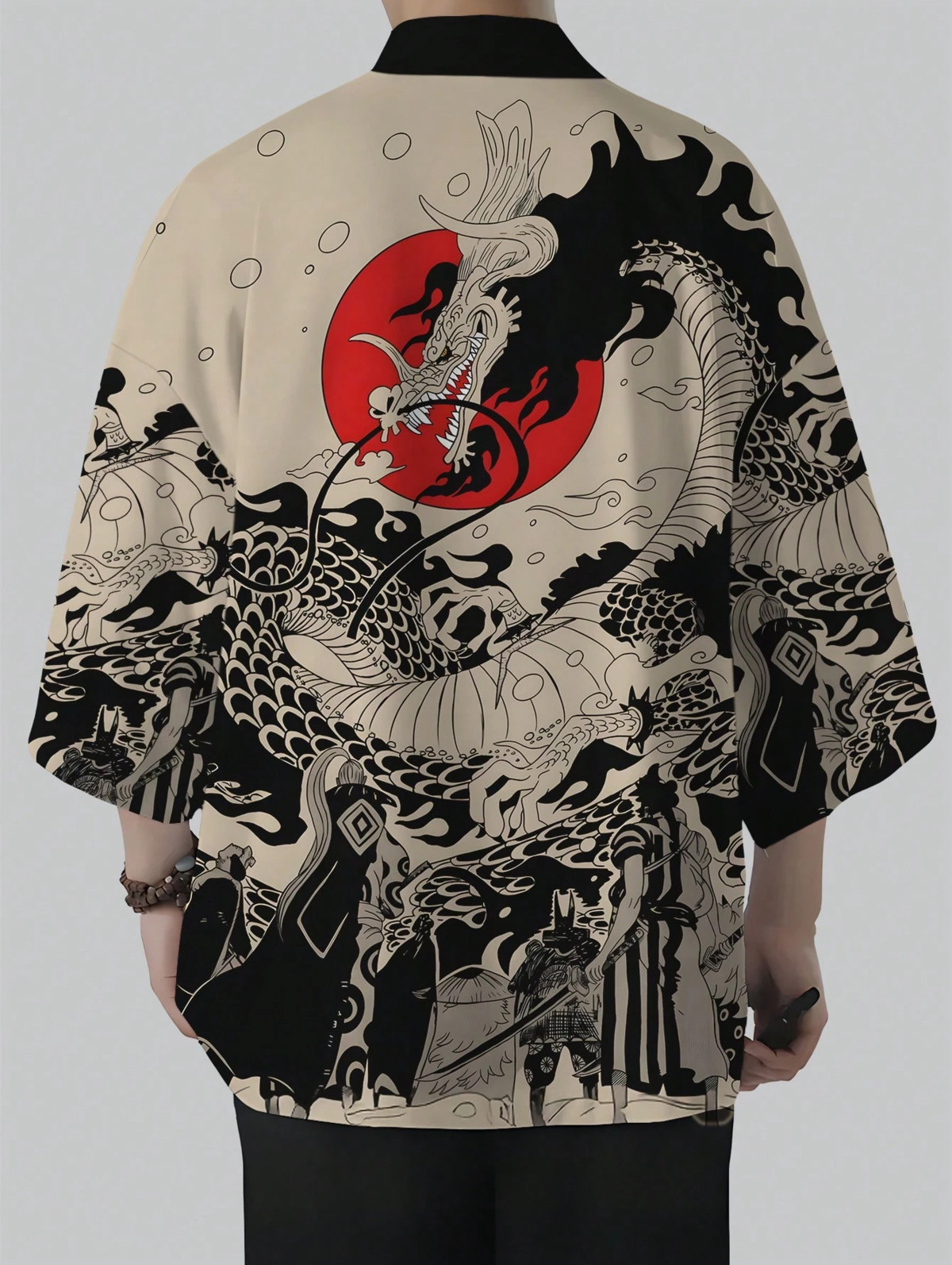 Retro Dragon Design Red Black Detaylı Unisex Kimono