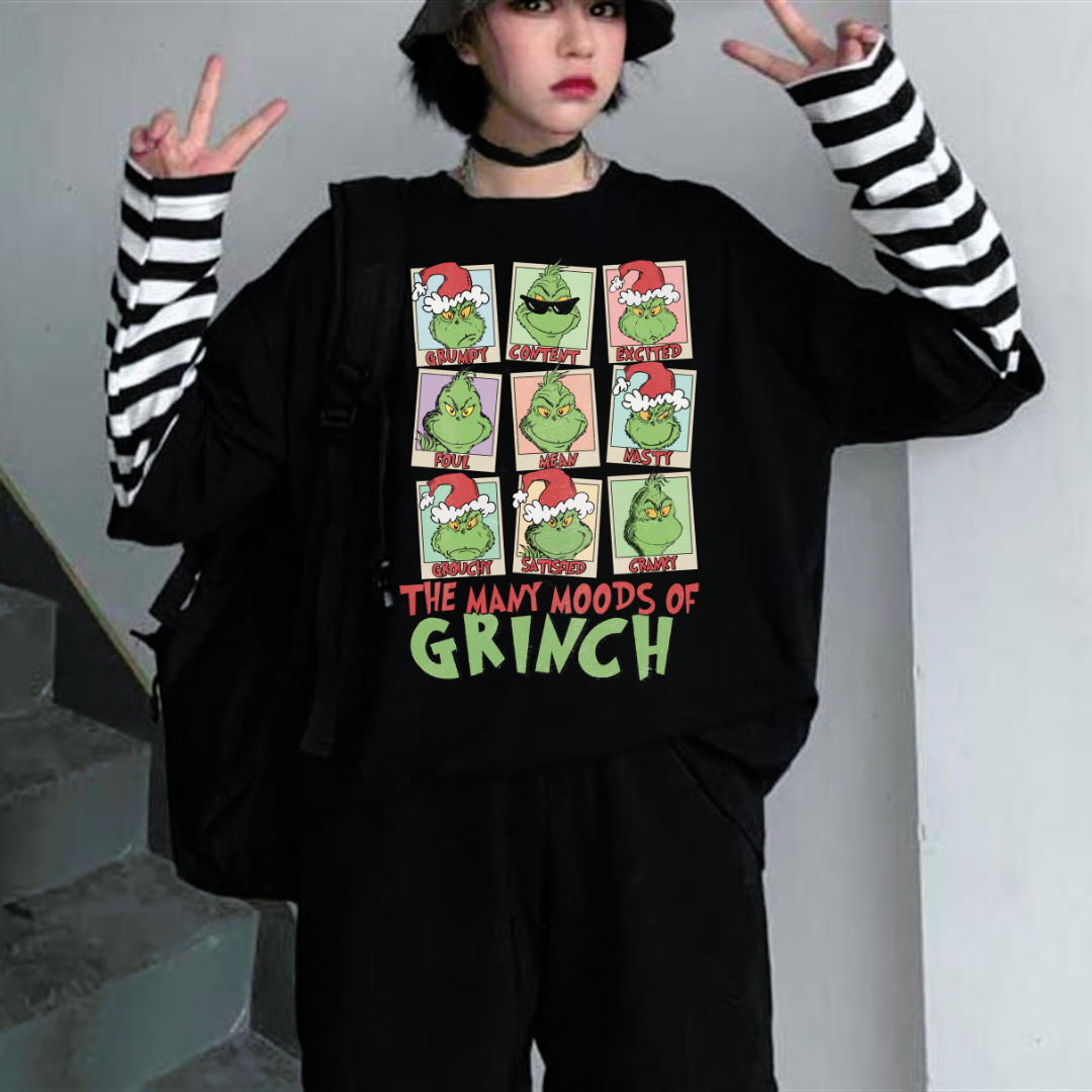 Grinch Noel Christmas Baskılı Fake Sleeves Unisex Siyah T-shirt