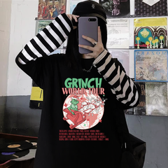 Grinch World Tour Baskılı Fake Sleeves Unisex Siyah T-shirt