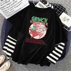 Grinch World Tour Baskılı Fake Sleeves Unisex Siyah T-shirt