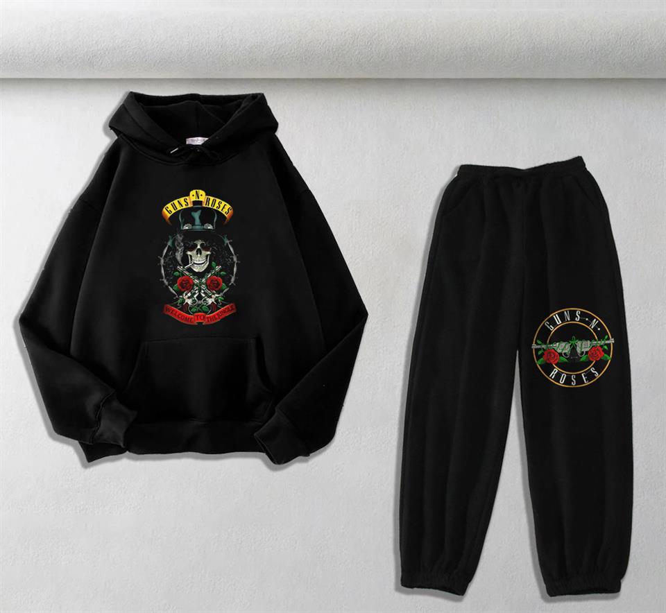 Guns N Roses Baskılı Siyah Oversize Kapüşonlu Sweatshirt & Eşofman Altı Unisex İkili Takım