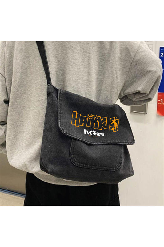 Haikyuu Baskılı Vintage Unisex Gri Kot Postacı Çantası