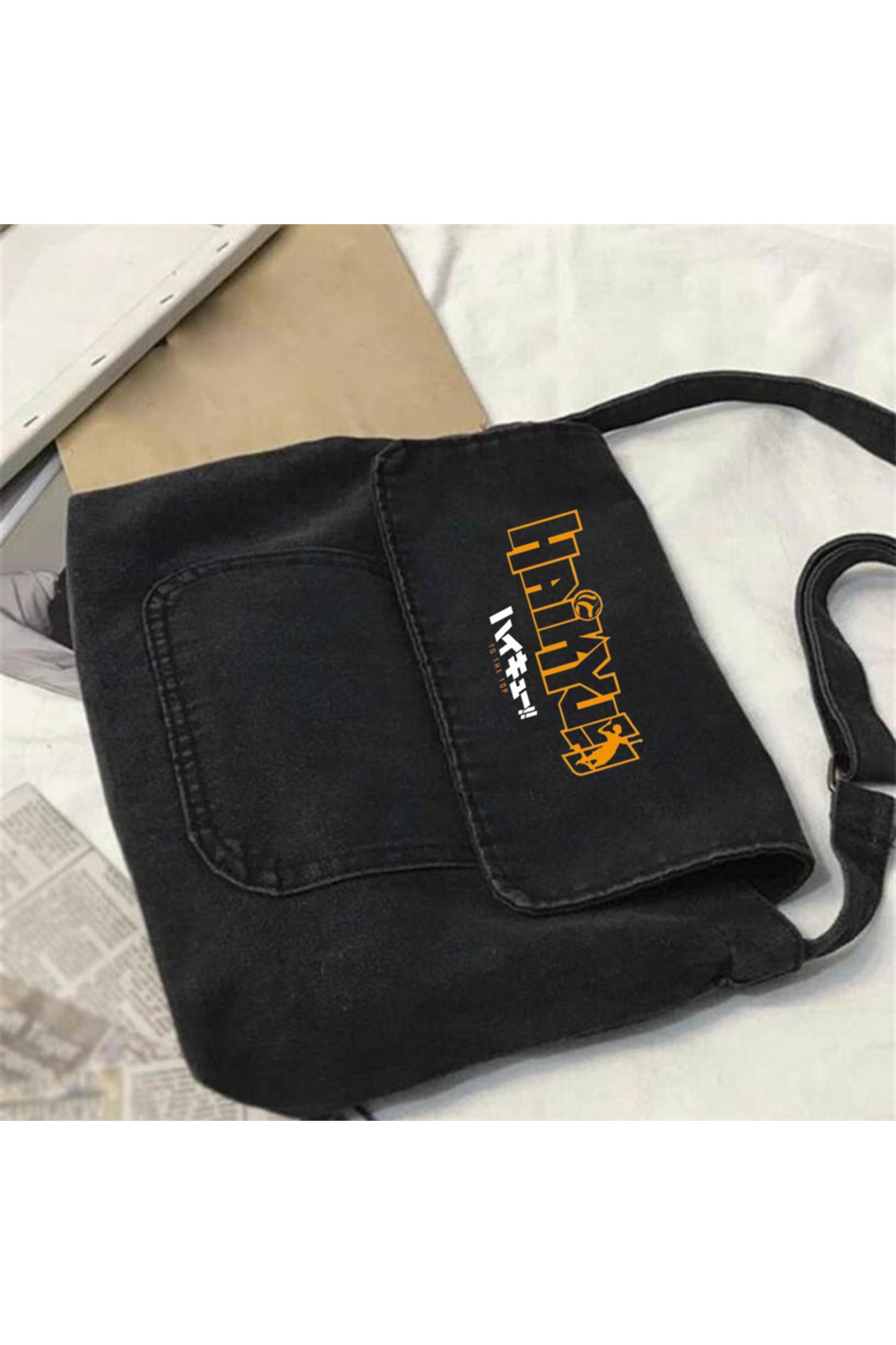 Haikyuu Baskılı Vintage Unisex Gri Kot Postacı Çantası