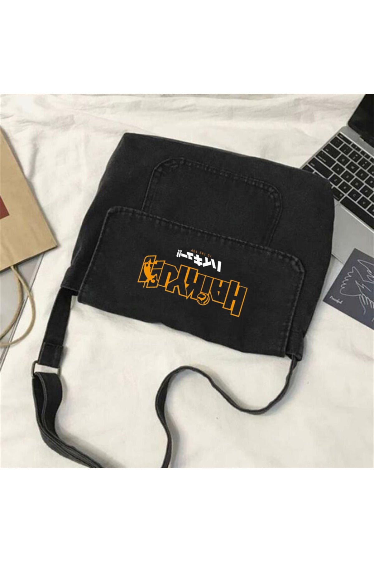 Haikyuu Baskılı Vintage Unisex Gri Kot Postacı Çantası