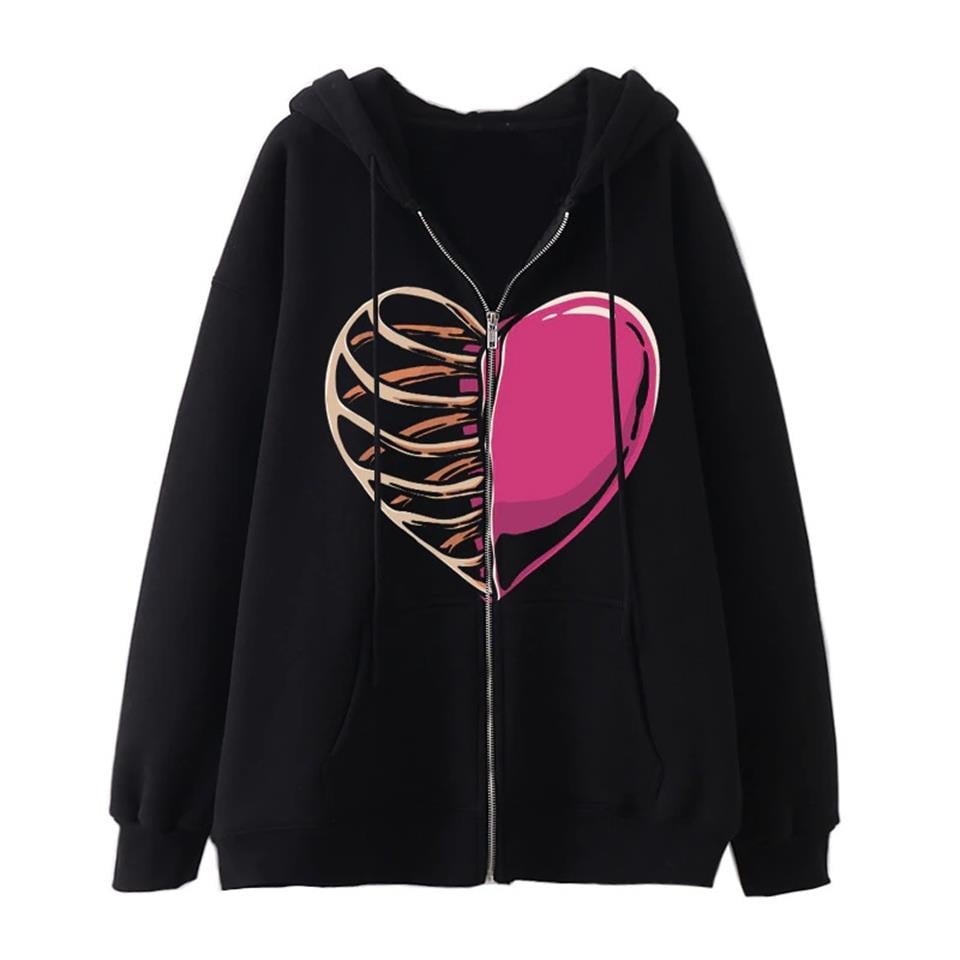 Half Rib & Heart Baskılı Oversize Fermuarlı Siyah Unisex Kapüşonlu Hırka