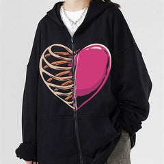 Half Rib & Heart Baskılı Oversize Fermuarlı Siyah Unisex Kapüşonlu Hırka