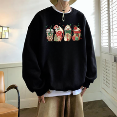 Happy Christmas Baskılı Siyah Unisex Oversize Bisiklet Yaka Sweatshirt