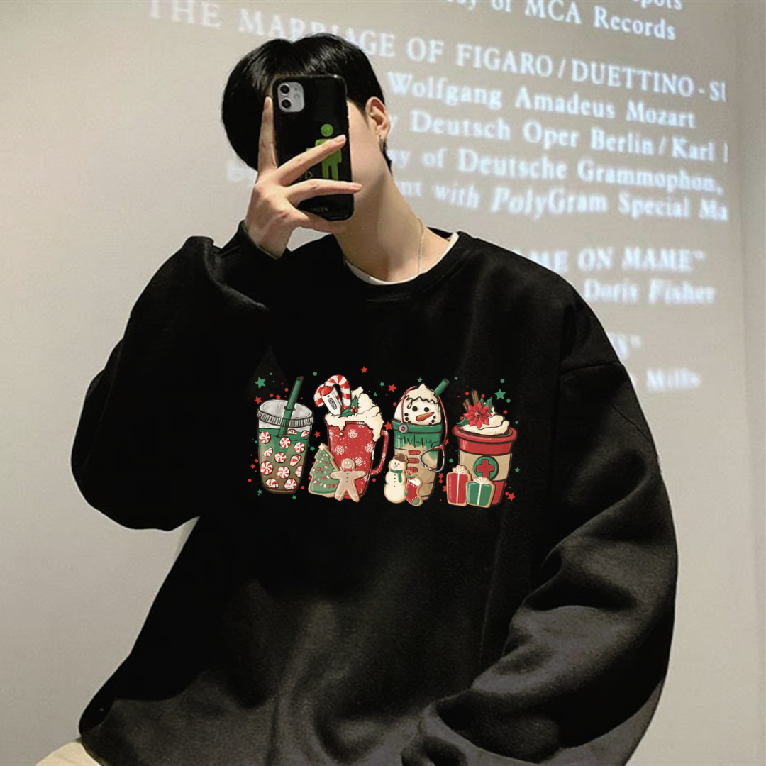 Happy Christmas Baskılı Siyah Unisex Oversize Bisiklet Yaka Sweatshirt