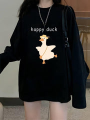 Happy Duck Siyah Unisex Oversize Bisiklet Yaka Sweatshirt