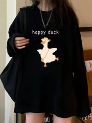 Happy Duck Siyah Unisex Oversize Bisiklet Yaka Sweatshirt