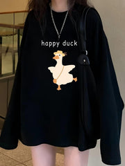 Happy Duck Siyah Unisex Oversize Bisiklet Yaka Sweatshirt