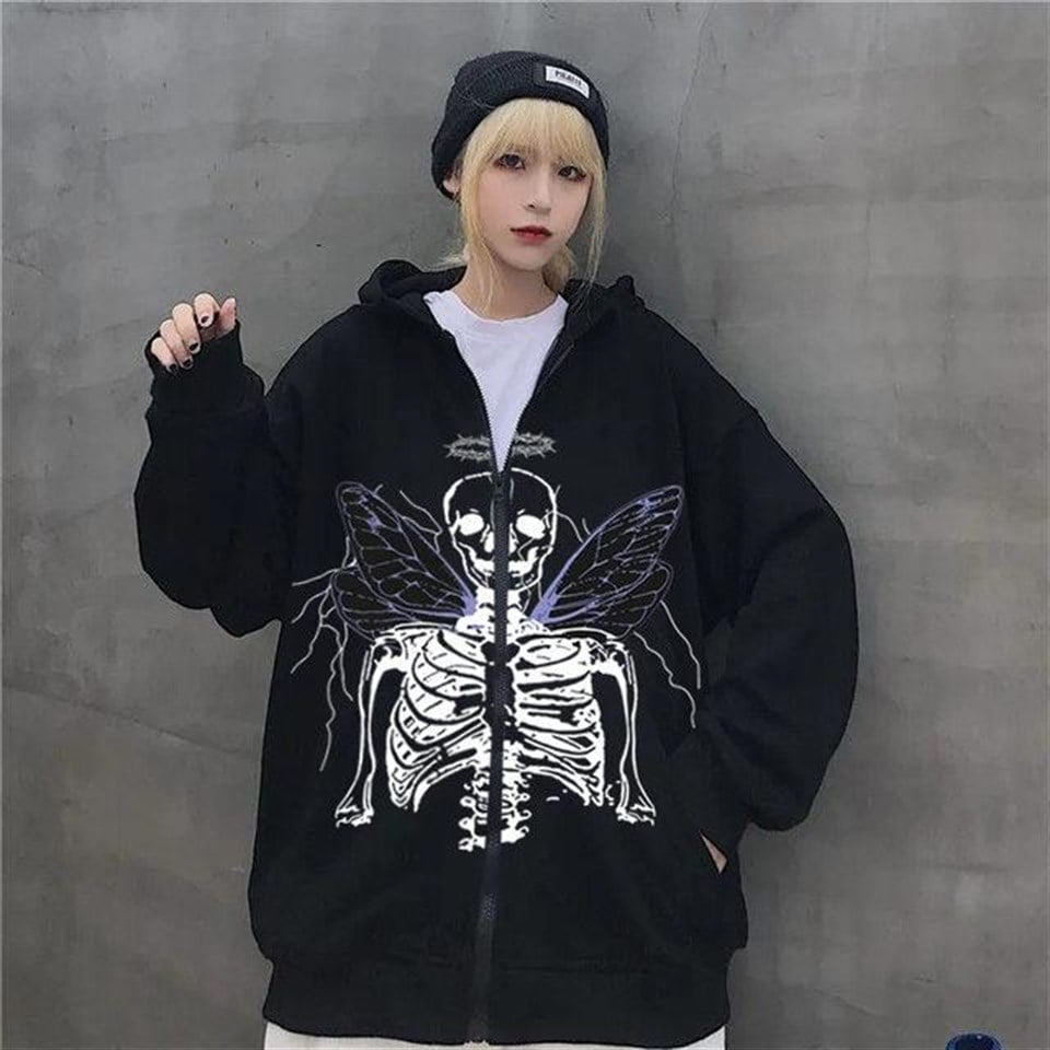 Harajuku Angel Skeleton Fermuarlı Kapşonlu Kalın Hırka