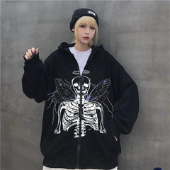 Harajuku Angel Skeleton Fermuarlı Kapşonlu Kalın Hırka