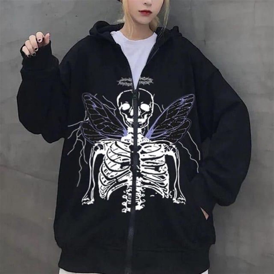 Harajuku Angel Skeleton Fermuarlı Kapşonlu Kalın Hırka