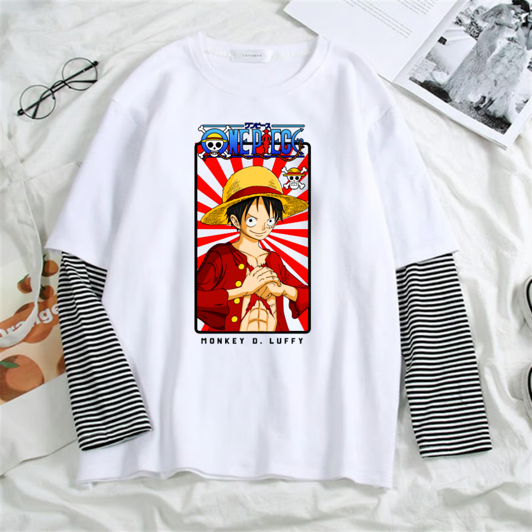 Harajuku Anime One Piece Strawhat Fake Sleeves Unisex Beyaz T-shirt