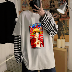 Harajuku Anime One Piece Strawhat Fake Sleeves Unisex Beyaz T-shirt