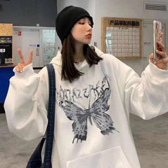 Harajuku Butterfly Oversize Unisex Beyaz Kapşonlu Hoodie Sweatshirt