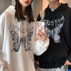 Harajuku Butterfly Oversize Unisex Beyaz Kapşonlu Hoodie Sweatshirt