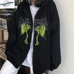 Harajuku Gothic Retro Butterfly Baskılı Oversize Fermuarlı Siyah Unisex Kapüşonlu Hırka