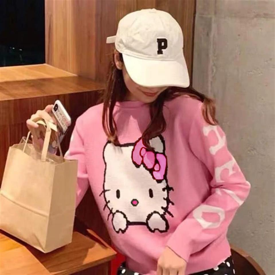 Harajuku Hello Kitty Pembe Oversize Crop Kazak