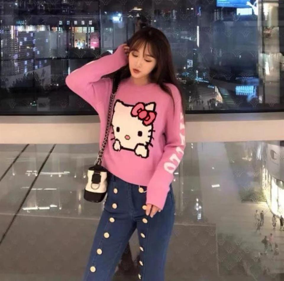 Harajuku Hello Kitty Pembe Oversize Crop Kazak