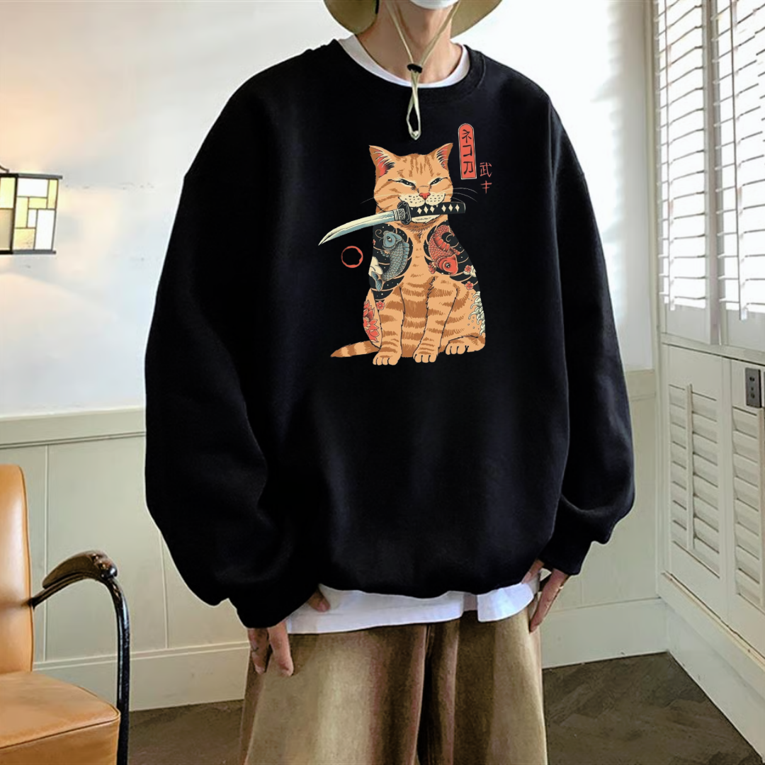 Harajuku Ninaja Cat Baskılı Siyah Unisex Oversize Bisiklet Yaka Sweatshirt