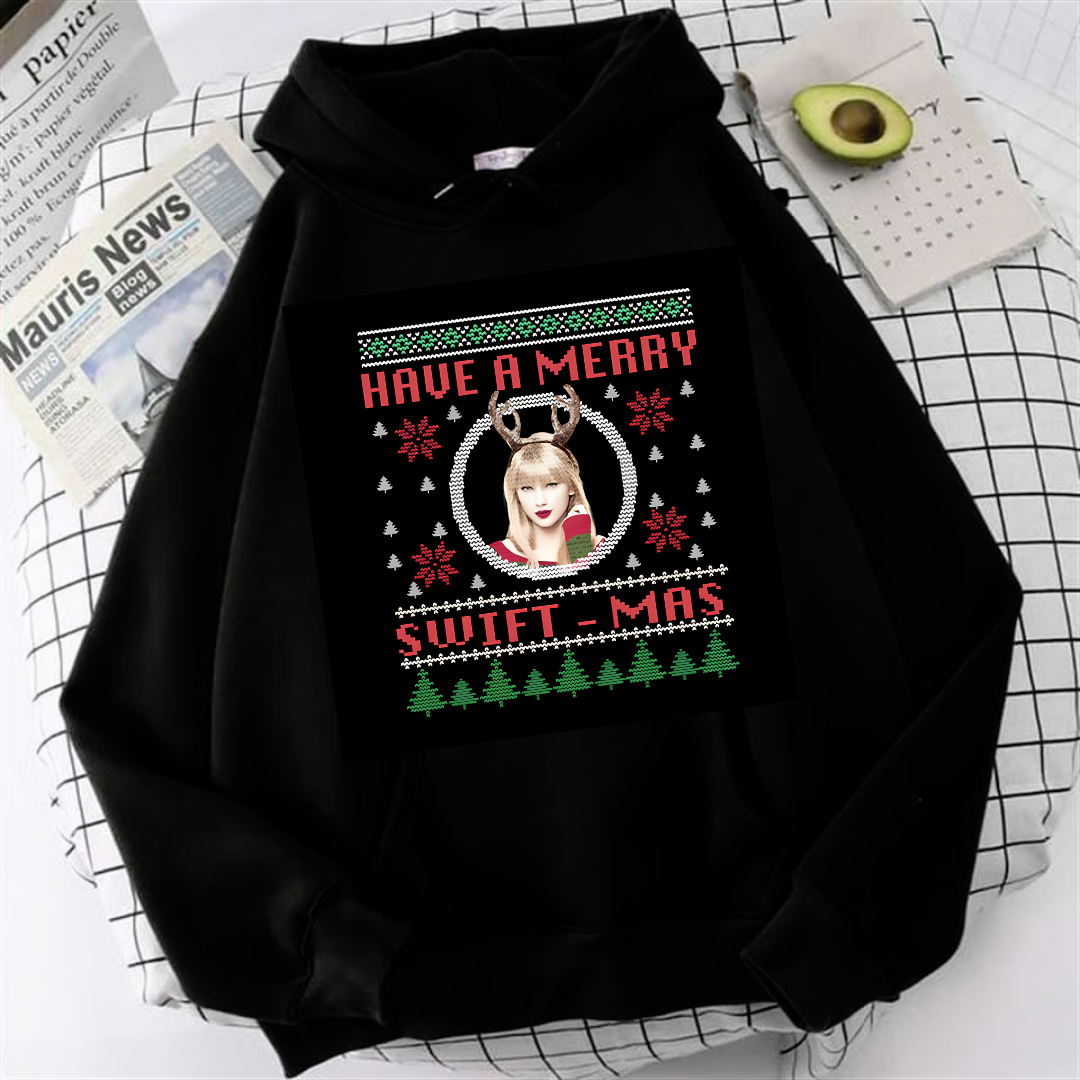 Have a Merry Baskılı Siyah Unisex Oversize Kapüşonlu Sweatshirt