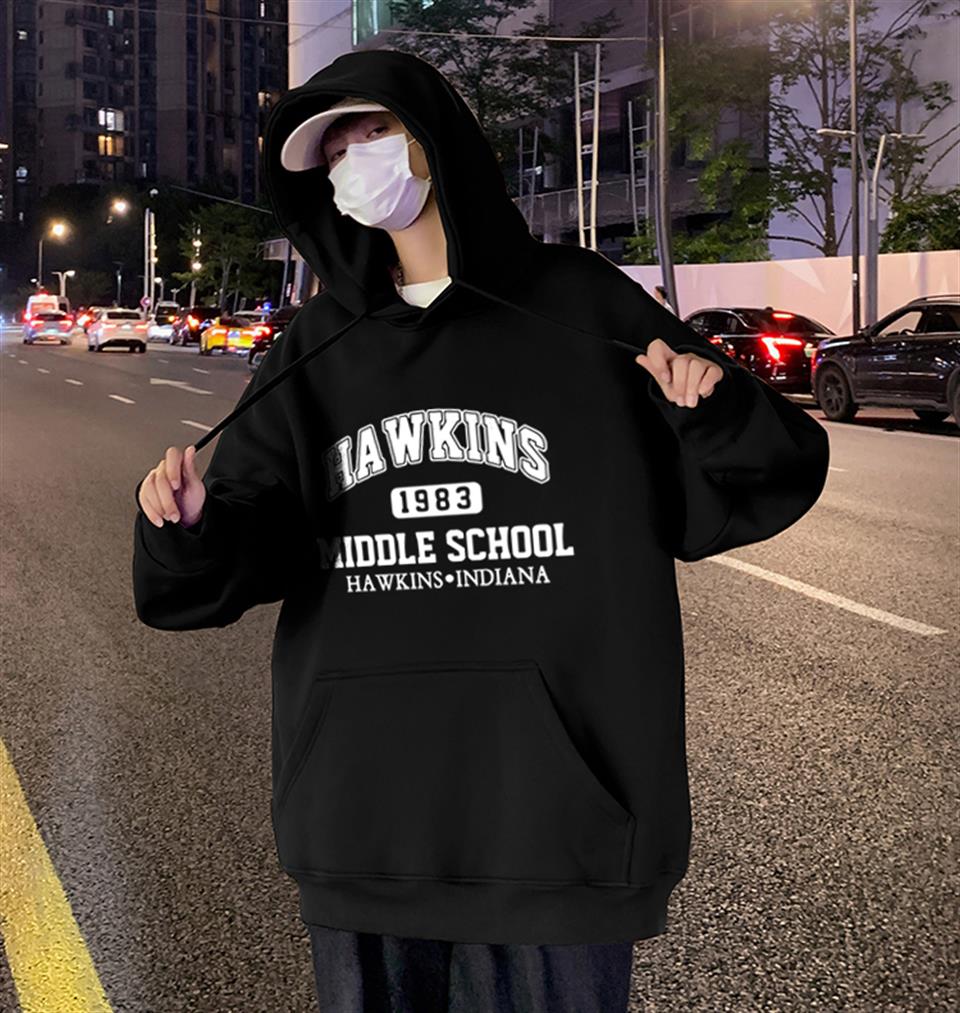 Hawkins Baskılı Siyah Unisex Oversize Kapüşonlu Sweatshirt