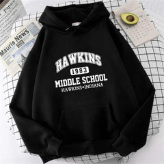 Hawkins Baskılı Siyah Unisex Oversize Kapüşonlu Sweatshirt