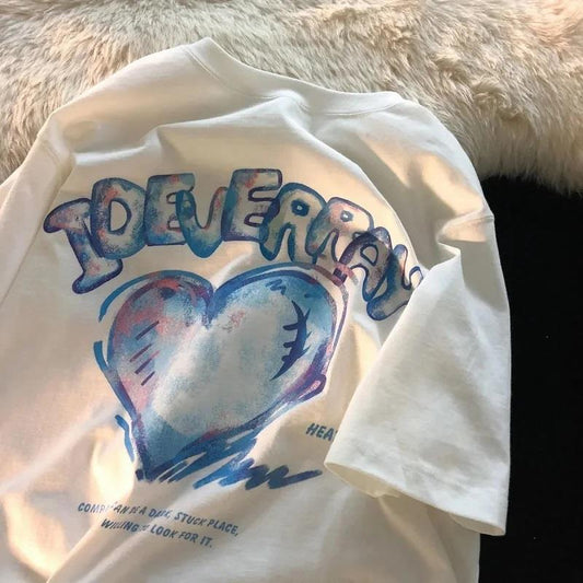 Heart Baskılı Beyaz Unisex Oversize T-shirt