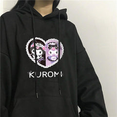 Heart Kuromi Baskılı Siyah Kapüşonlu Sweatshirt