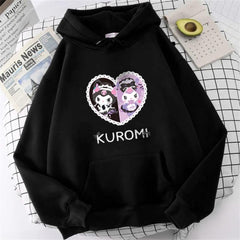 Heart Kuromi Baskılı Siyah Kapüşonlu Sweatshirt