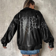 Heart Spider Web Baskılı Streetwear Siyah Oversize Unisex Astarlı Deri Ceket