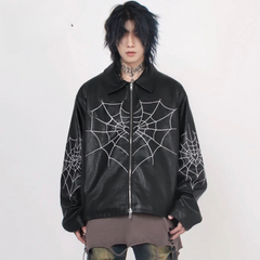 Heart Spider Web Baskılı Streetwear Siyah Oversize Unisex Astarlı Deri Ceket