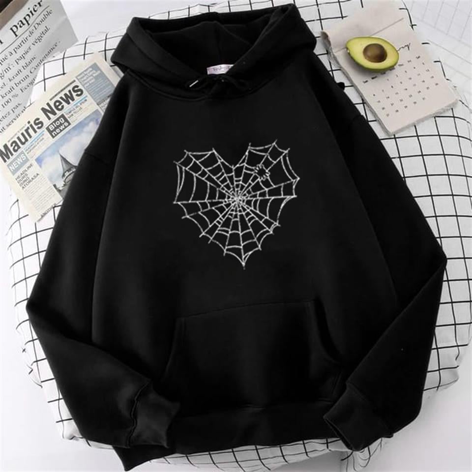 Heart Web Baskılı Siyah Unisex Oversize Kapüşonlu Sweatshirt