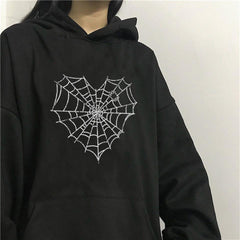 Heart Web Baskılı Siyah Unisex Oversize Kapüşonlu Sweatshirt